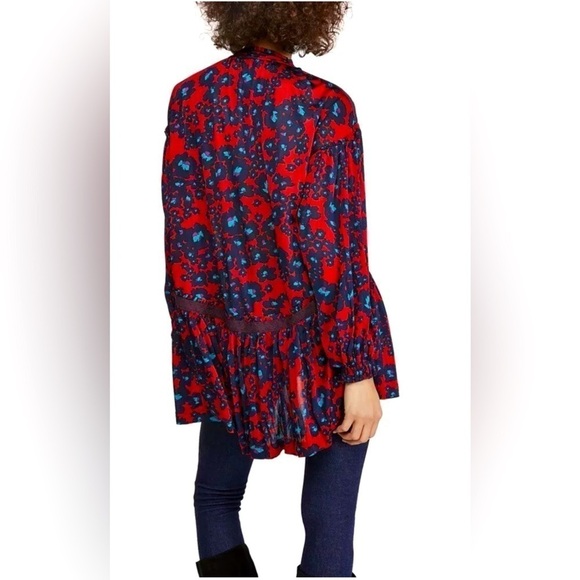 Free People Love Letter Boho Tunic Top Longsleeve Button down Blouse Blue Red XS - Picture 2 of 9